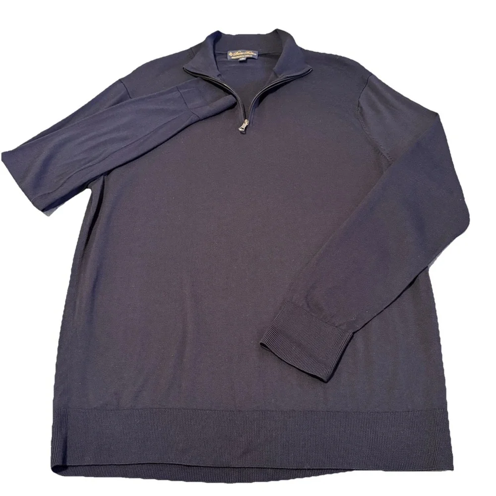Brooks Brothers Quarter Zip Mens XL Navy Brookstech Merino Wool Sweater Light